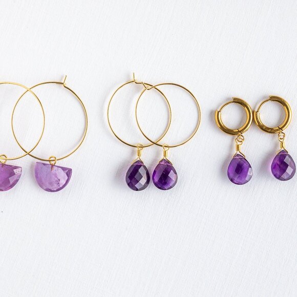 Gorgeous Amethyst Huggie Earring Waterproof Gold Huggies Genuine Amethyst PRETTY - Picture 3 of 7